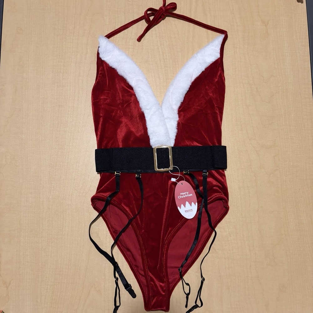 NWT Christmas Women Sexy Lingerie Santa Red Bodysuit, Garter and Straps Sz Small